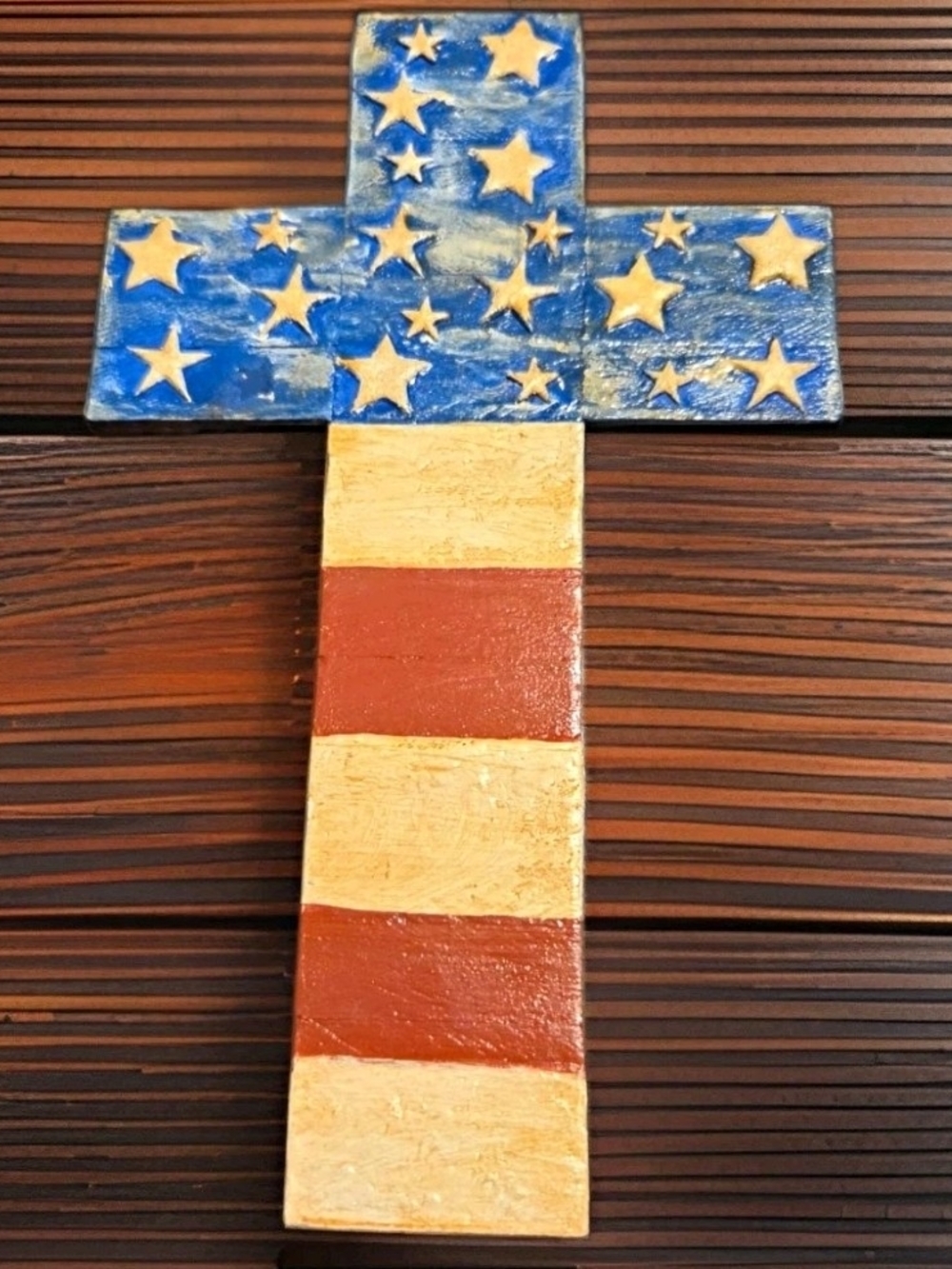 Handmade & Hand-Painted Blue & Red Patriotic Wall Cross - Home Accents.